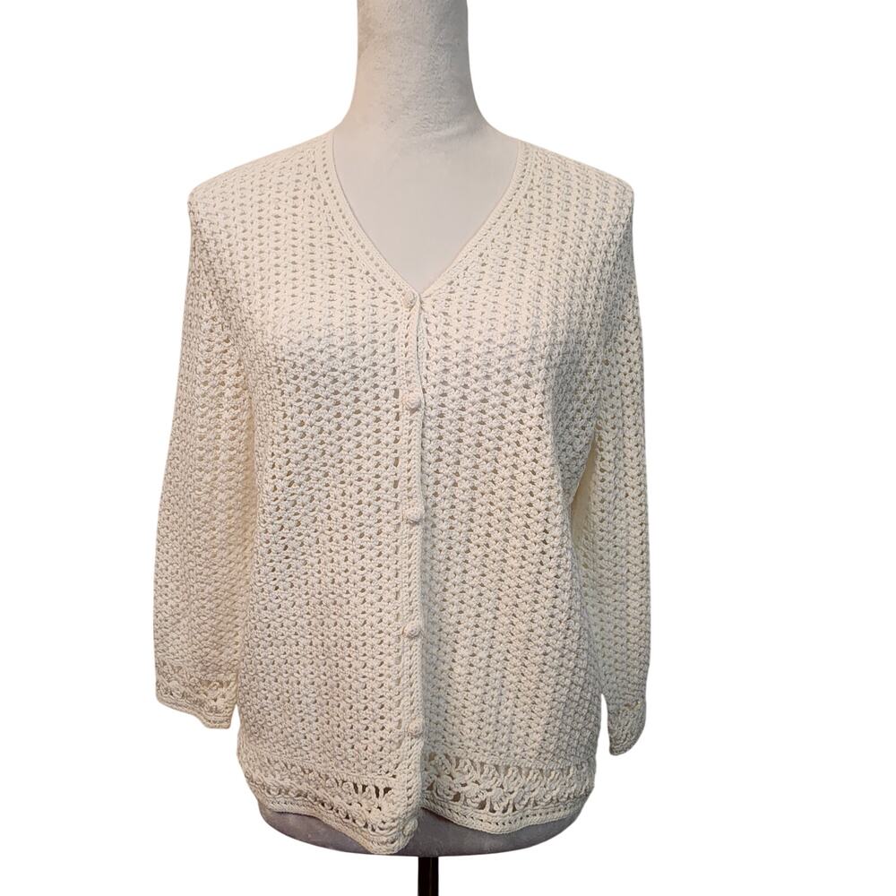 Ralph Lauren Hand Knit Crochet Cotton Cardigan Sweater Ivory Medium